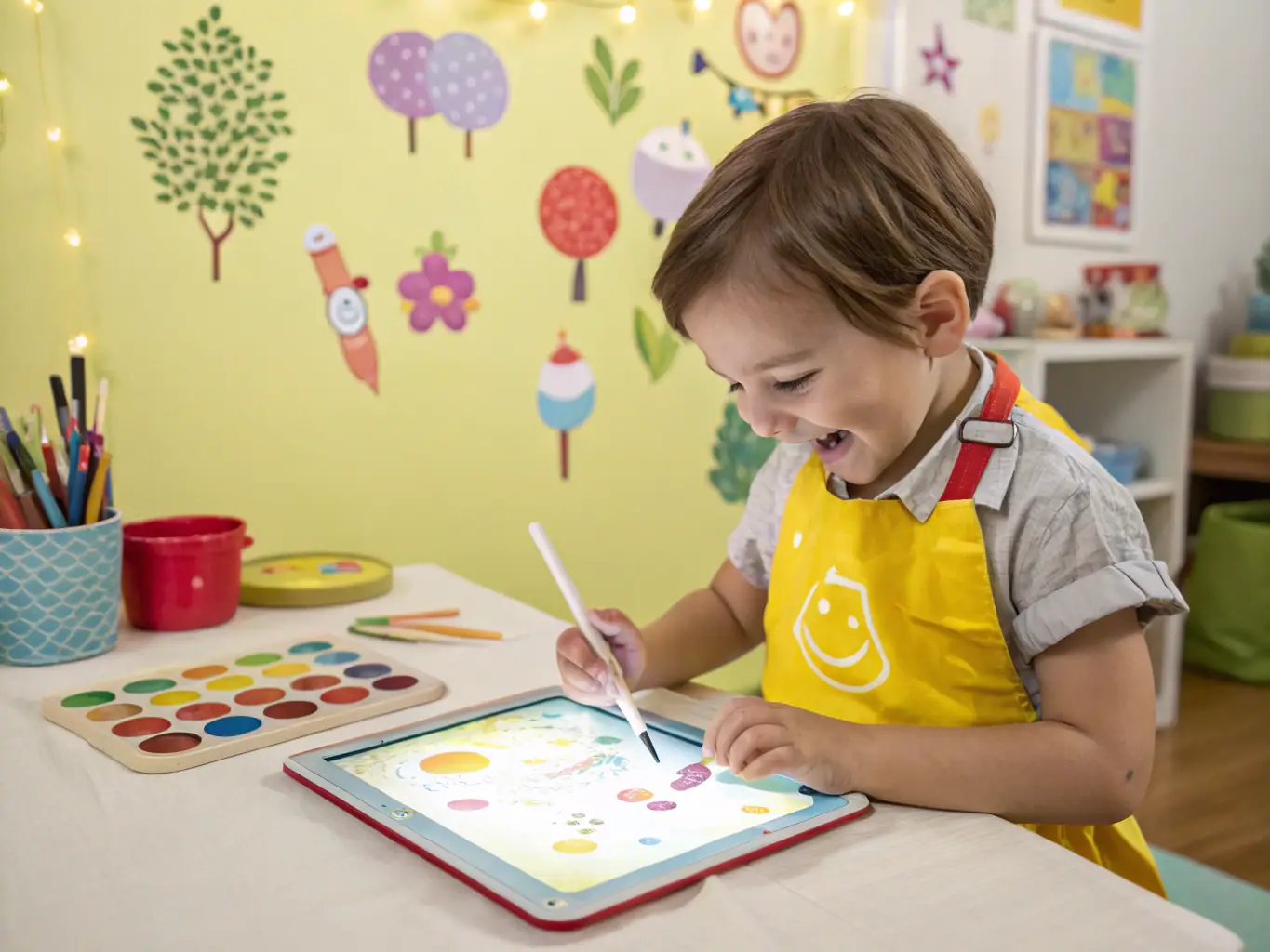 An image of a child enthusiastically drawing on a digital canvas using Kidware, highlighting the software's creative tools and features. The child is smiling, indicating enjoyment and engagement in the activity.