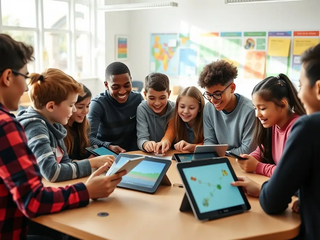 A group of children collaborating on a Kidware project, showcasing the software's ability to promote teamwork and social skills. The children are engaged and communicating effectively, highlighting the collaborative aspect of the software.