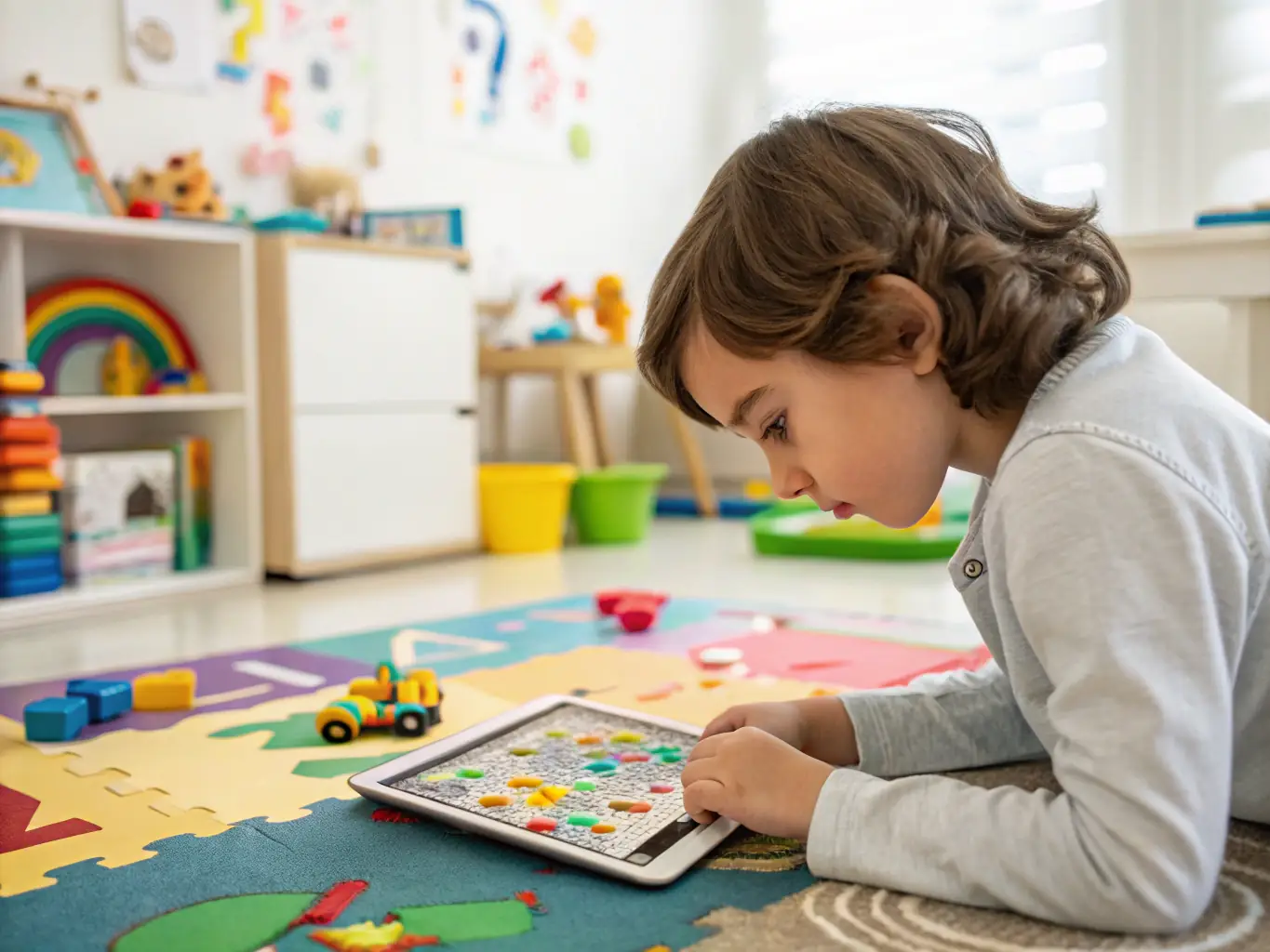 A screenshot of the Kidware software interface, showcasing the interactive puzzle game with colorful graphics and a child happily solving a puzzle.