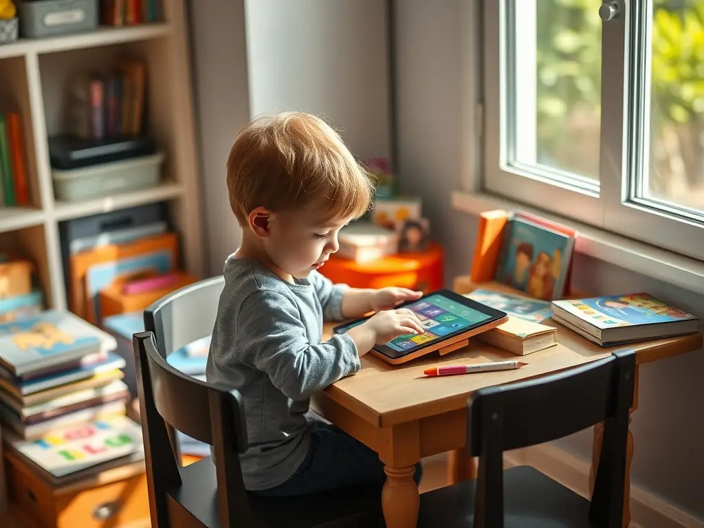 A vibrant image of a child happily solving a puzzle on a tablet, showcasing the interactive and engaging nature of Kidware's learning games. The background is colorful and inviting, emphasizing the fun aspect of learning.